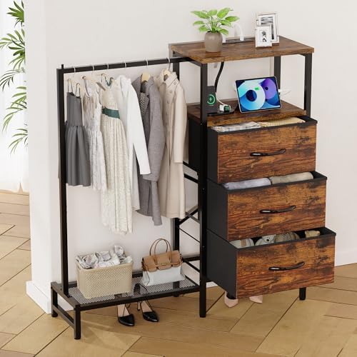Dresser for Bedroom with Hanging Rack, 3 Drawers Closet with Charging Station, Fabric Chest of Drawers with Clothes Rack, Storage Organzier for Hallway Entryway, Brown - Image 2