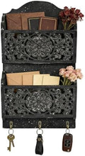 Rustic Key and Mail Holder for Wall Home Decorative,2-Slot Mail Organizer Wall Mount with 3 Hooks, Wooden Key Hangers Wall File Organizer Letter Sorter for Letter Magazines（Black） by Unknown