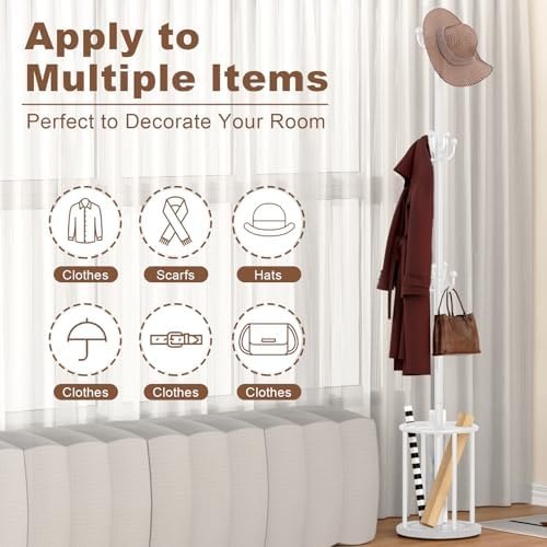 Coat Rack Freestanding, Coat Rack Stand with Umbrella Holder, Coat Tree, Coat Hanger Stand with 12 Hooks for Clothes Bag Hats, Used in Bedroom, Office, Living Room and Entryway-White - Image 3