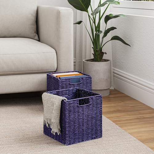 Vagusicc Wicker Storage Basket, Set of 2 Hand-Woven Paper Rope Wicker Basket, Foldable Cube Storage Bins, 9 inch Square Storage Baskets for Organizing Shelves & Decor, Purple (9″×9″×9″) - Image 3