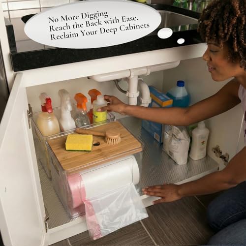 Hudgan 2 in 1 Acrylic Trash Bag Dispenser Under Sink, Garbage Bags Holder with Stackable Bamboo Top for Kitchen, Pantry, Laundry Room - Image 4