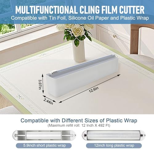 Refillable Magnetic Plastic Wrap Dispenser with Slide Cutter, Sturdy Food Cling Film Cutter, Press and Seal Wrap, 12" x 328' Roll BPA Free - Image 3