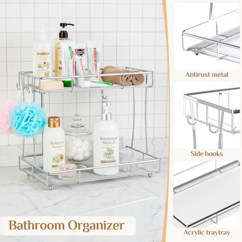 Bathroom Organizer Countertop Perfume Organizer Makeup Organizer Cosmetics Storage Display Rack Vanity Tray Dresser Steel Chrome Shelf Transparency Wavy Acrylic Tray (2 Tier Chrome) - Image 5