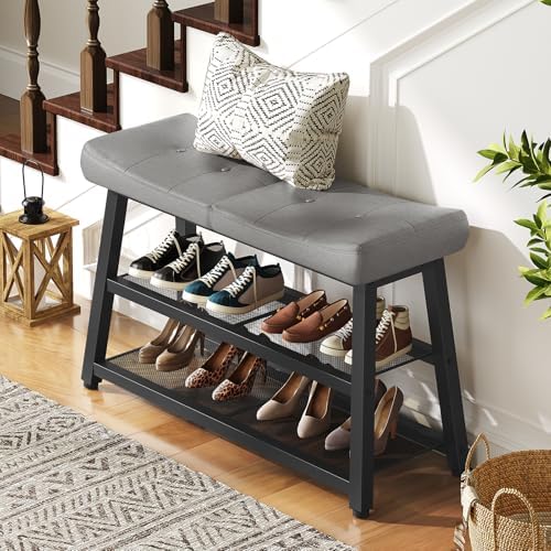 YATINEY Shoe Bench, 3-Tier Shoe Rack, Entryway Bench with Storage and Cushion, for Hallway, Foyer, Bedroom, Gray and Black HX02BG - Image 2