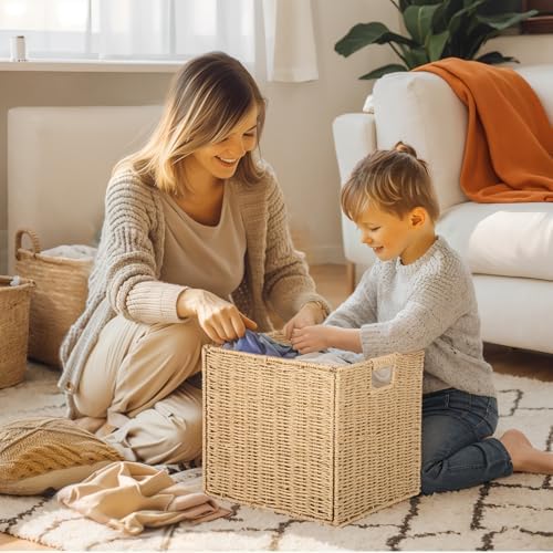 4Pcs Cube Storage Bin,Collapsible Storage Basket, Shelf Organizer with Insert Handle, 12 * 12 * 12 Inch Hand Woven Seagrass Basket, Suitable for Bedroom Storage and Other Scenarios - Image 7