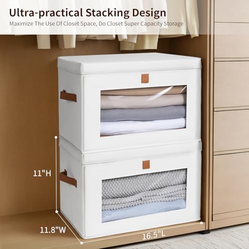 Homsorout Large Closet Storage Bins - Collapsible Clothes Organizer with Handles & Window, Decorative Boxes with Lids, Linen Closet Organizers for Living Room, Dorm, 5 Pack, White - Image 4
