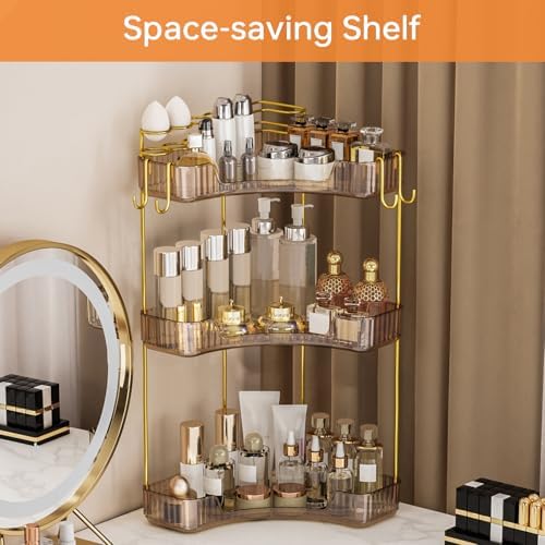 3-Tier Corner Bathroom Counter Organizer，Makeup & Skincare Shelf with Built-in Brush Holder，Space-Saving Bathroom Countertop Organizer for Skincare, Perfume, Cosmetics(Amber) - Image 4