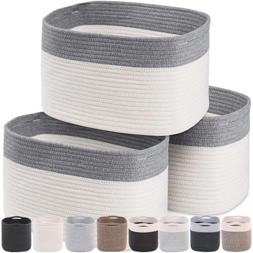 CHAT BLANC Cotton Rope Baskets for Organizing, Shelves, Toys, Storage, Shoe, Bathroom, Laundry, Towel, Nursery, Home Decor, Blanket, Cloth Woven Bins Fabric (Dark Gray & Creamy White7, 15"x10"x9") by CHATBLANC