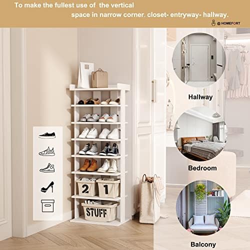 HOMEFORT 7-Tier Wood Shoe Rack, Double Rows 7-Tier Shoe Shelf, Shoe Storage Stand, Entryway Shoe Tower, Vertical Shoe Organizer Perfect for Narrow Closet, Entryway, Hallway, Bedroom in White - Image 4