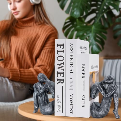 Grey Book Ends Decorative, Girl Thinker Design, Modern Bookends for Shelves, Non-Skid Heavy Duty Resin Book Stopper for Books, Resin, 1Pair/2Piece - Image 4