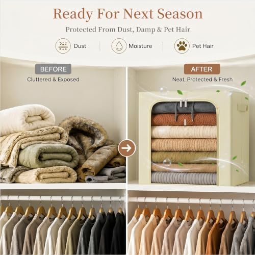 GoMaihe Blanket Storage Bins with Metal Frame for Closet, 55L 4-Pack Beige - Image 6