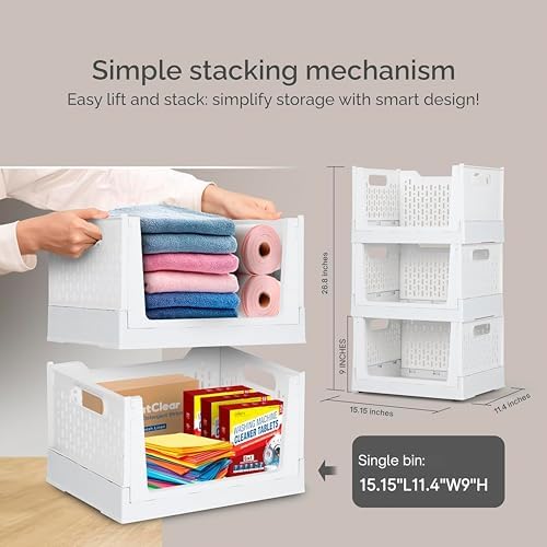 Skywin Foldable Stackable Storage Bins with Wheels, 3 Pack - Ivory - Image 2