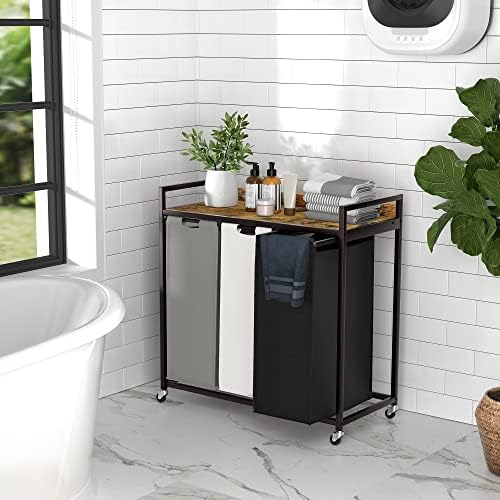 Herture Laundry Hampers with Shelf, Laundry Basket 3 Section, Laundry Sorter with Pull-Out Removable Large 3 Color Bags and Movable Wheels, Metal Frame, 3 x 15.87 Gallons (60L), Rustic Brown PF04XLN - Image 5
