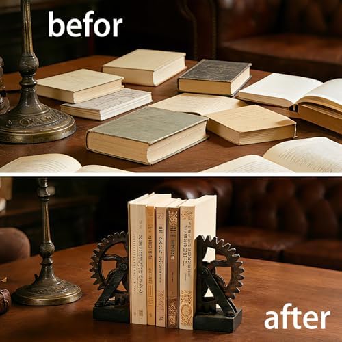 Braxio Decorative Bookends Industrial Gear - Set of 2 Steampunk Heavy Duty Non-Slip Book Supports for Shelves Desktop Book Ends for Office Library Desk Vintage Home Decor 4.7 x 3.5 x 7 Inch - Image 5