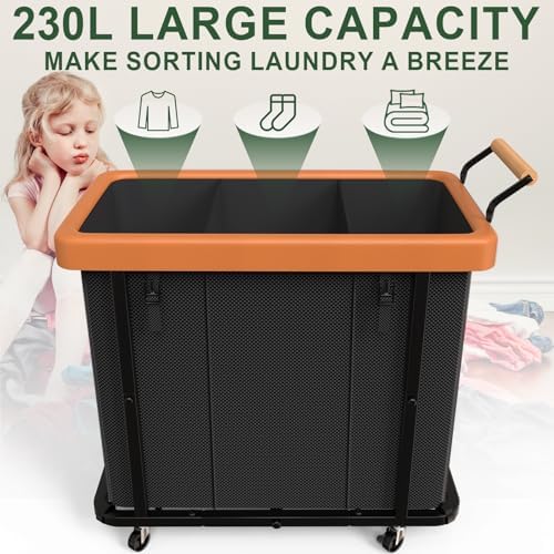 Laundry Hamper 3 Section with Lid,230L Rolling Dirty Clothes Hamper Black - Image 2