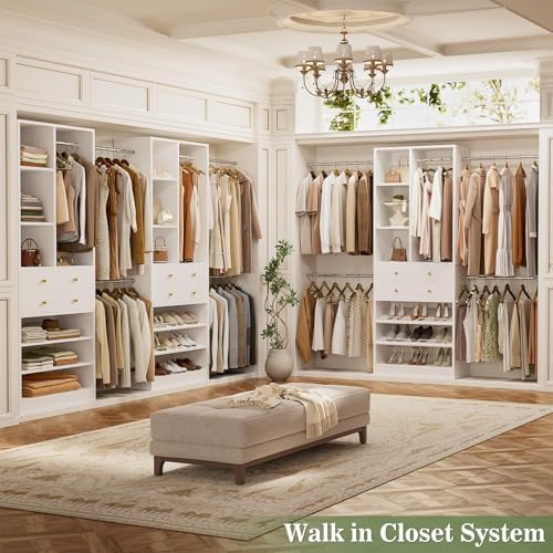 Besiost Closet System, Up to 134"/11.2 FT Closet Organizer with 4 Wooden Drawers and Shelves, Walk-in Closet System with 6 Hanging Rods, Built-in Closet Can Fit 96"/8FT, 120"/10FT, White Set 2 - Image 7