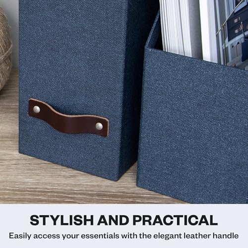 Bigso Box of Sweden Estelle Canvas Fiberboard Upright Magazine Holder and Organizer for Papers and Catalogs with Leather Handle - Magazine File Holder for Office Desks - 12.6in x 4.5in x 9.8in - Blue - Image 5