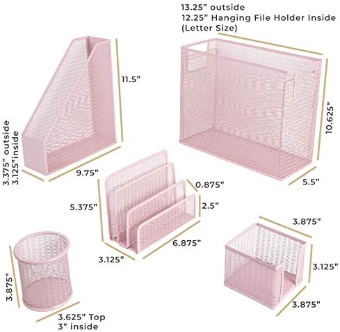 BLU MONACO | Pink Desk Organizer Set | 5 Piece Metal Office Desk Organizer with Hanging File Holder, Magazine Organizer, Pen Cup, Sticky Note Holder, Letter Sorter | Desk Organizers and Accessories - Image 6