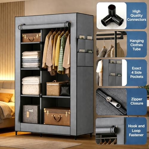 Simple Deluxe Wardrobe with lid, Clothes Rack for Hanging Clothes, 40.7" W x 17.5" D x 64.2" H Garment Rack，Max Load 143LBS，Black Rack with Gray Cover - Image 4
