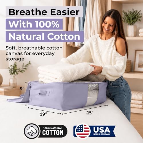 Soft Canvas Storage Bags with Zipper. Thick Breathable, 2pc King/Queen Comforter Organizer. Four Carrying Handles and Window. Large 25x19x9in Bag for Sheets Blankets Bedding Pillows, Clothes (Purple) - Image 2