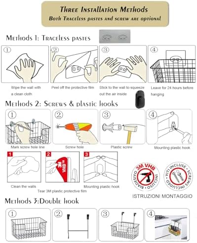 JUNCHU CHERRY Wire Storage Basket 2 Packs, Wall Mounted Kitchen Bathroom, Hanging Cabinet Door Storage Basket, no Drilling, Supporting 2 Types of Hooks, Strong Bearing, Suitable for Home, Black - Image 5