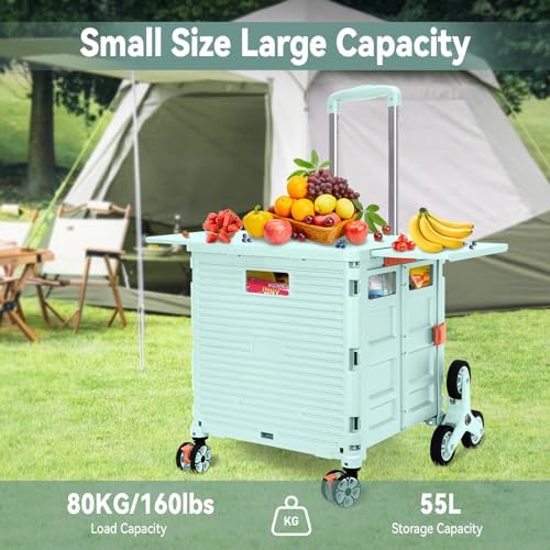 Foldable Utility Cart Portable Crate Rolling Dolly with Telescopic Handle,Can be Pulled diagonally, Magnetic Retractable Lid, 360°Swivel Climbing Wheels for Shopping Carrying Groceries Move Green - Image 6