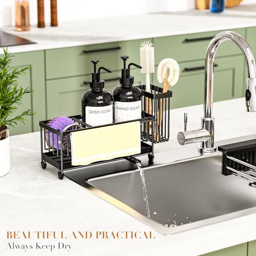 Kitchen Soap Dispenser Set with Sponge Holder and Towel Rack, 17OZ Glass Bottle, Hand and Dish Soap Dispenser Set, Non-Slip Silicone Pad, Brush Holder, Kitchen Sink Caddy Organizer Countertop (Black) - Image 6