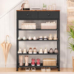 usikey Shoe Rack, 5 Tier Shoe Storage Organizer with 2 Drawers, Metal Shoe Shelf for 12-16 Pairs of Shoes, with 4 Oxford Fabric Shelves and Wooden Top, Shoe Stand for Closet Entryway, Black - Image 2