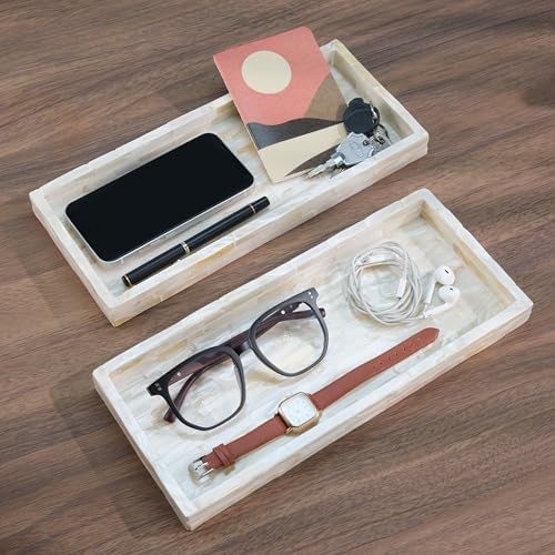 PEMAR Set of 2 Mother of Pearl Bathroom Tray for Counter, 11" Wooden Vanity Tray for Perfume Makeup Kitchen Sink Countertop Organizer, Toilet Tank Tray, Valet Tray (White Tiles) - Image 4