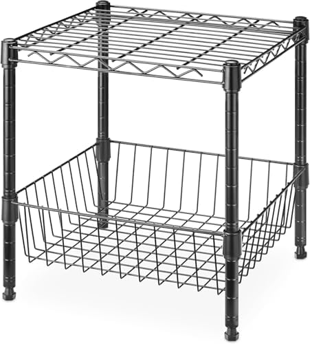 Whitmor 2 Tier Metal Storage Shelves, Heavy Duty Shelf with Basket, 150 lbs Capacity per Shelf, 300 lbs Total, Home Organizer for Kitchen, Garage, Bathroom, 15" L x 14" W x 15" H, Black by Whitmor