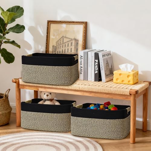 3 Pack Large Storage Basket for Organizing, 17.5"x13"x7" Woven Basket for Shelves, Closet Cube Storage Bins with Wrapped Handle, Cotton Rope Baskets for Kitchen, Clothes, Toys(Black & Brown) - Image 4