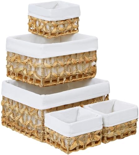 Vagusicc Wicker Storage Basket, Rectangular Wicker Baskets for Storage, Woven, Water Hyacinth and Seagrass Storage Baskets for Organizing, Cube Storage Bins for Closet/Clothes/Dresser, Beige, 5-Pack by Vagusicc