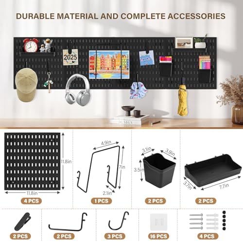 AKTOP Plastic Peg Board Wall Organizer 4-Pack, 12"x12" Pegboard Kit, Black - Image 3
