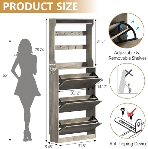 Wodeer Tall Shoe Cabinet with Coat Rack, Hidden Shoe Storage Cabinet with Doors & Drawer, Hanging Bar & Hooks, Slim Narrow Freestanding Shoe Rack Organizer for Entryway, Hallway & Living Room, Grey - Image 2
