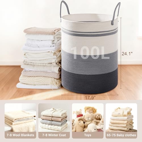 100L Extra Large Tall Cotton Rope Laundry Basket with Handles, Grey Striped - Image 2