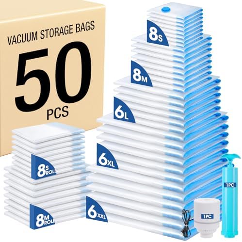 AROIC 50 Pack Vacuum Storage Bags, 5 Sizes + 2 Roll-up (8 Each) Space Saver by AROIC