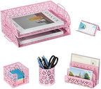EasyPAG Desk Organizers and Accessories 5 Pieces Office Supplies Set - 2 Tier Paper Tray, Pencil Organizer for Desk, Mail Sorter Countertop, Business Card Holder and Sticky Note Holder, Pink by EasyPAG