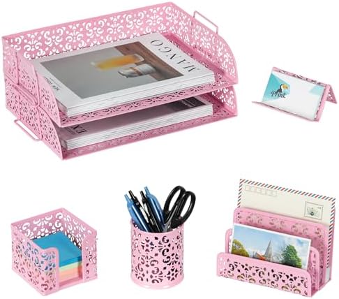 EasyPAG Desk Organizers and Accessories 5 Pieces Office Supplies Set - 2 Tier Paper Tray, Pencil Organizer for Desk, Mail Sorter Countertop, Business Card Holder and Sticky Note Holder, Pink by EasyPAG