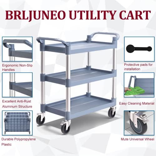 Plastic Utility Carts with Wheels, 3-Tier Medium Size Restaurant Food Cart, Heavy Duty 510lbs Capacity Rolling Service Cart w/Hammer for Commercial, Kitchen, Office (Lockable Wheels, M-Grey) - Image 2
