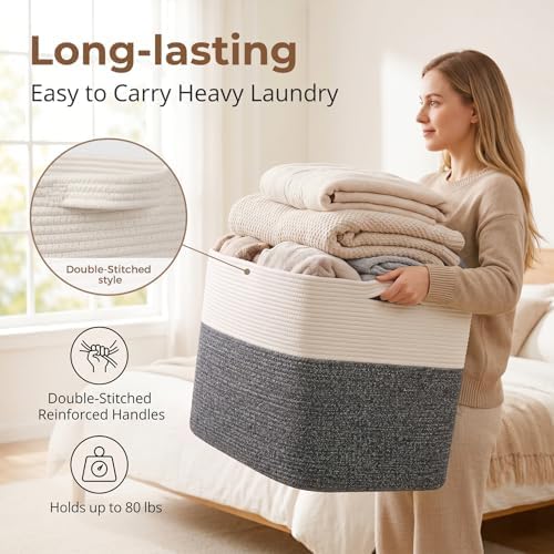 OIASKET 108L Cotton Rope Storage Basket for Living Room and Bedroom 25"x16"x16" Woven Laundry Basket, Heavy Duty Bin for Blankets, Pillows & Toys, Pet-Safe & Scratch-Free, Dark Grey and White - Image 3