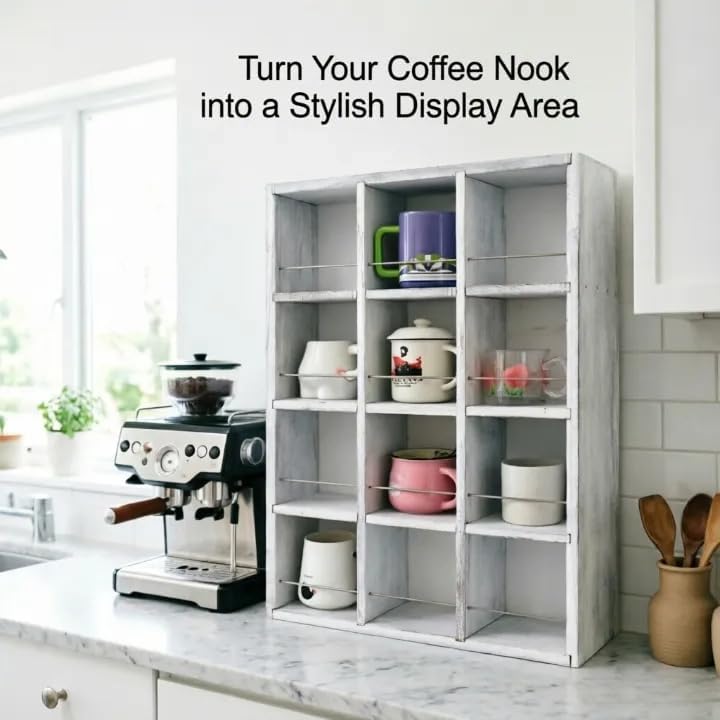 12 Grid coffee mug display shelf,17x25" Wooden cup shelf for wall, White - Image 3