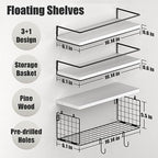 3+3 Wall Mounted White Bathroom Shelf Over Toilet with Toilet Paper Storage Basket & Hooks, Bathroom Organizers and Storage, Hanging Corner Shelf Floating Shelves for Bathroom Wall Room Decor - Image 3
