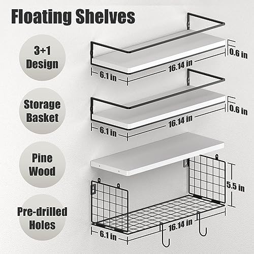 3+3 Wall Mounted White Bathroom Shelf Over Toilet with Toilet Paper Storage Basket & Hooks, Bathroom Organizers and Storage, Hanging Corner Shelf Floating Shelves for Bathroom Wall Room Decor - Image 3