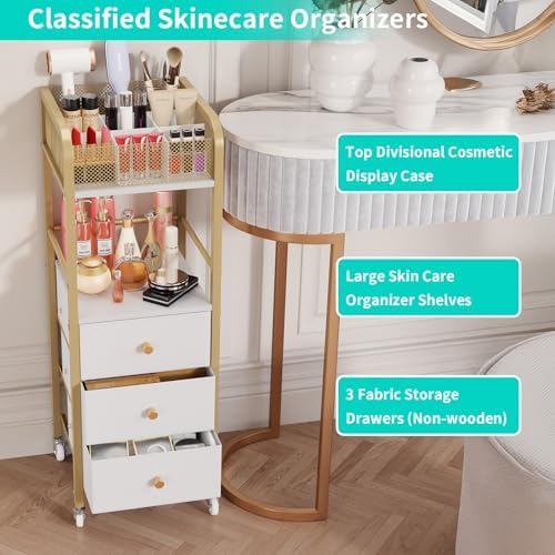 HapiRm Rolling Makeup Cart Organizer - Floor Skincare Make Up Storage with 3 Non-Woven Fabric Drawers, Vanity Organizer Cosmetic Display Cases Holder for Skin Care Perfume Nail Polish Brush Hair Tool - Image 4
