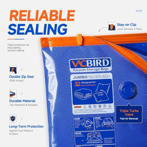 Vacbird Vacuum Storage Bags with Rechargeable Cordless Pump,9 Pack 3 Sizes Compression Packing Seal Bags, Space Saver for Clothes and Clothing Comforters, Blankets, Bedding and Closet Space Saving - Image 3