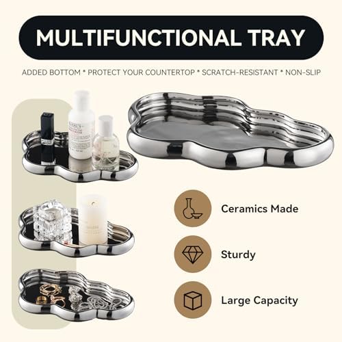 Silver Bathroom Accessory Set, 3-Piece Ceramic Bath Accessories Set with Tray, Lotion Dispenser, and Tumbler - Image 4