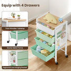 Rolling Cart with 4 Drawers, Plastic Drawer Storage Carts with Wheels & Wooden Tabletop, Metal Utility Cart with Pegboards, Office Living Room Classroom Craft Organization and Storage, Bright Green - Image 5