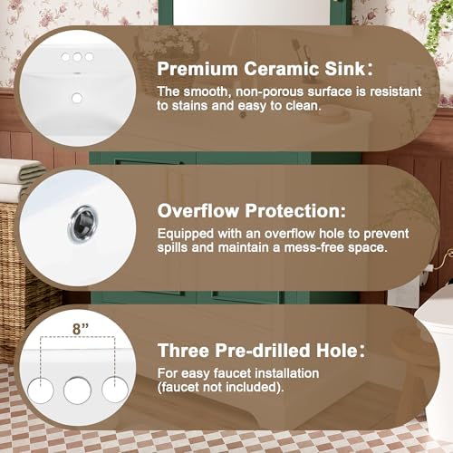 Harper & Bright Designs 30" Bathroom Vanity with Sink, Free Standing Single Basin Vanity with Divided Drawer & 2 Doors with Double Shelf, Wooden Storage Cabinet with Ceramic Basin for Bathroom, Green - Image 7
