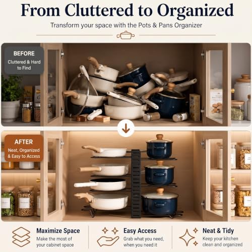 Pots and Pans Organizer Under Cabinet, Dual-Sided Rack, 8 Adjustable Tiers - Image 7