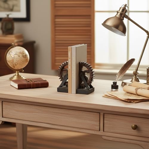 Braxio Decorative Bookends Industrial Gear - Set of 2 Steampunk Heavy Duty Non-Slip Book Supports for Shelves Desktop Book Ends for Office Library Desk Vintage Home Decor 4.7 x 3.5 x 7 Inch - Image 3